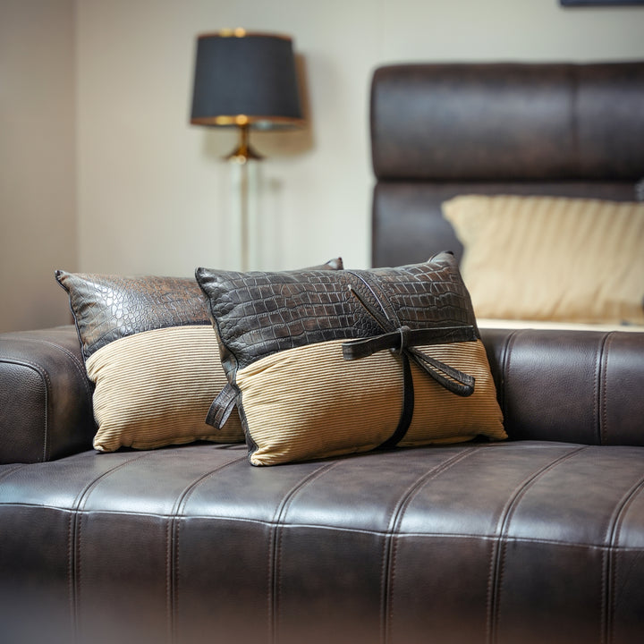 Premium Handmade Croc Texture Genuine Leather Lumbar Cushion – Bow Accent