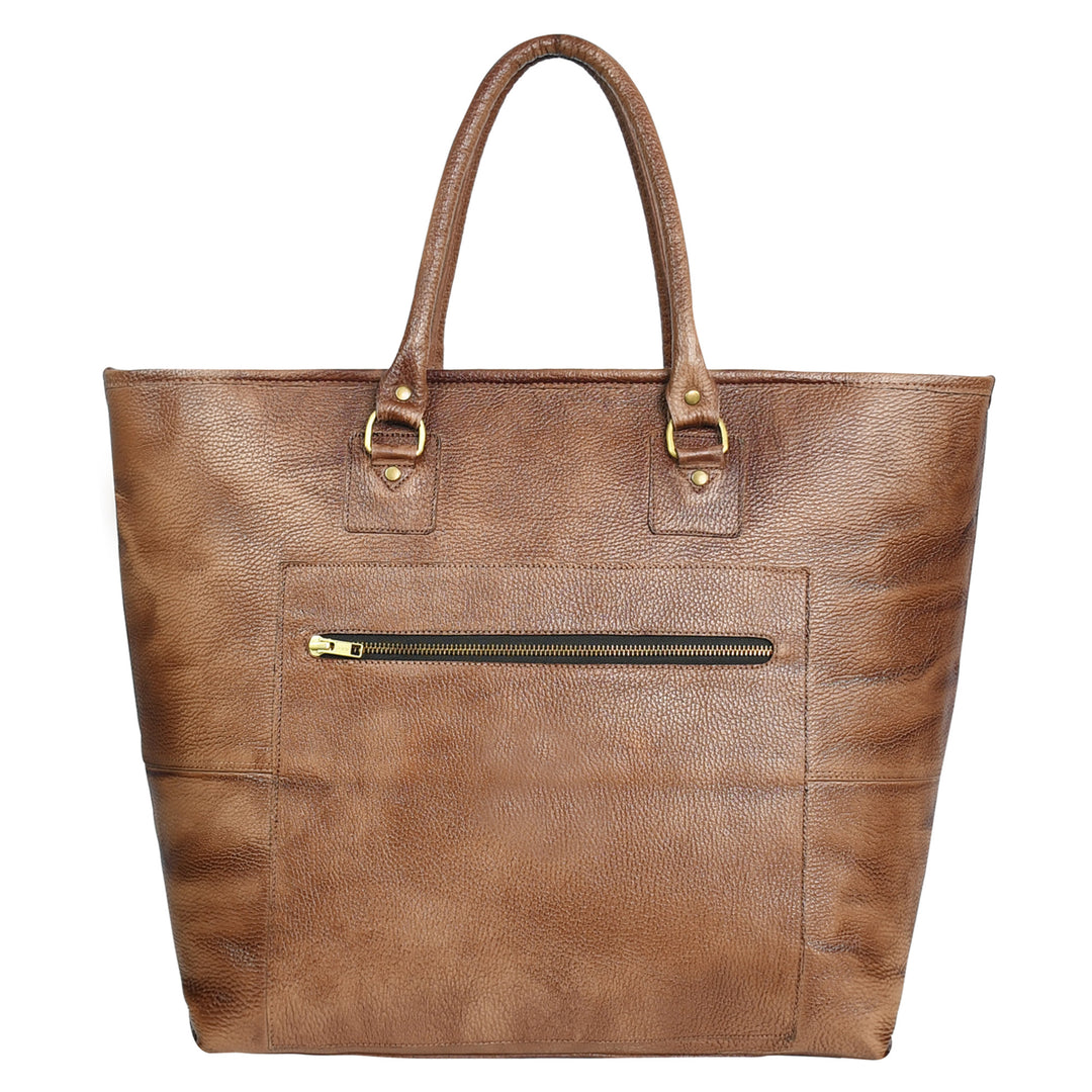 Premium Genuine Leather Women’s Tan Tote Bag with Zip Pocket