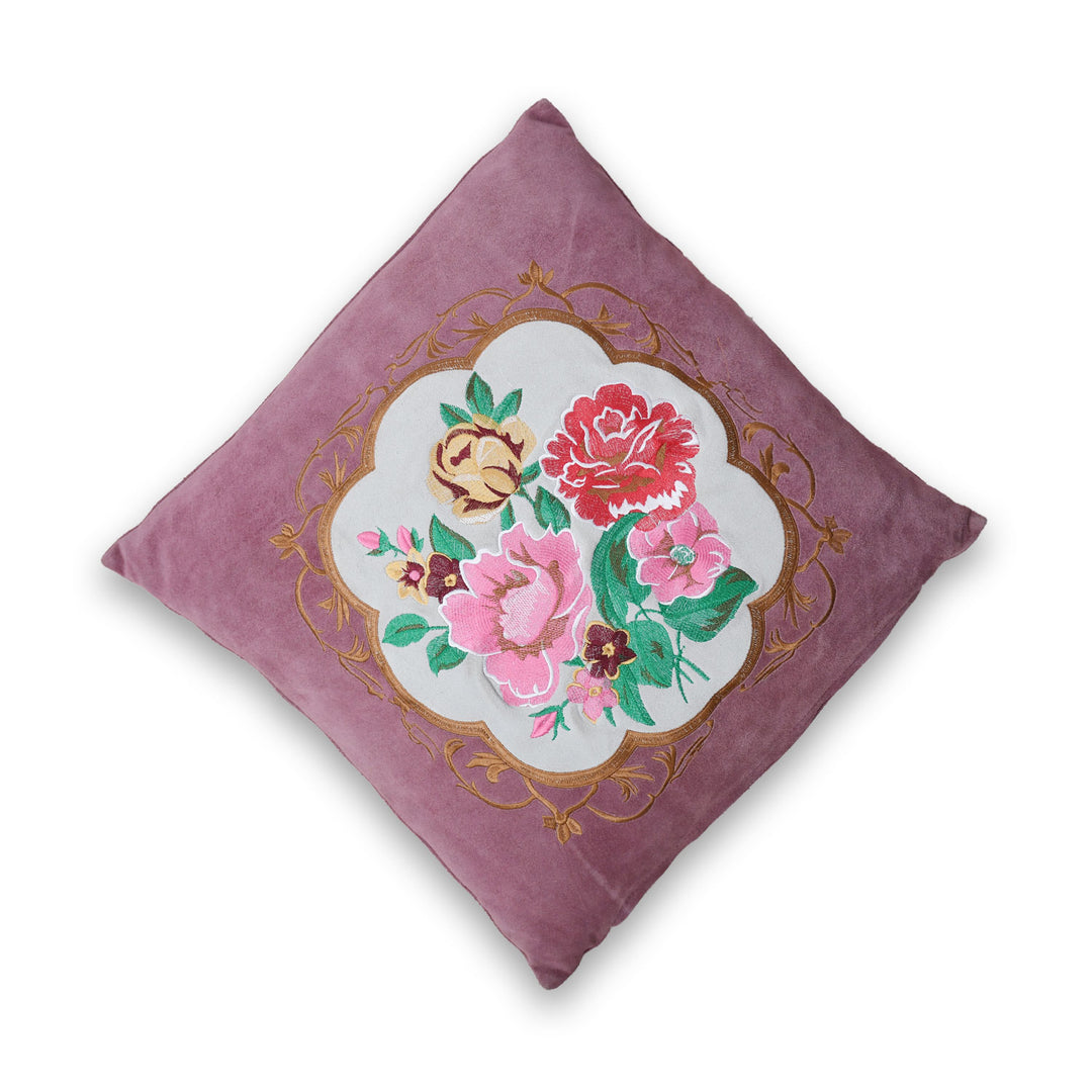 Luxury Handmade Genuine Leather Embroidered Cushion & Cushion Cover In Floral Design