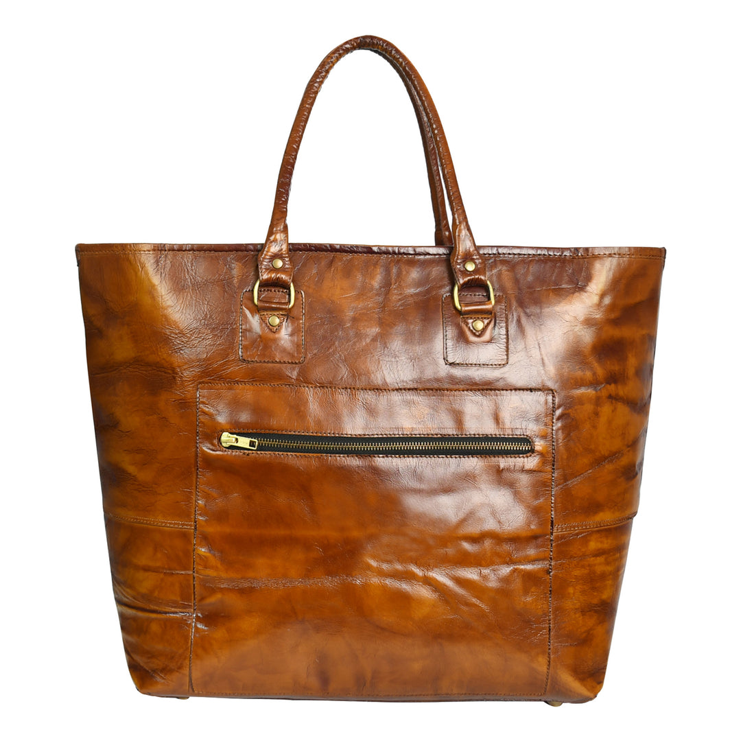 Premium Genuine Leather Women’s Tan Tote Bag with Zip Pocket