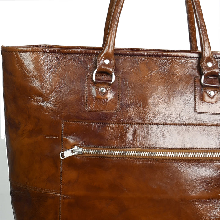 Premium Genuine Leather Women’s Tan Tote Bag with Zip Pocket