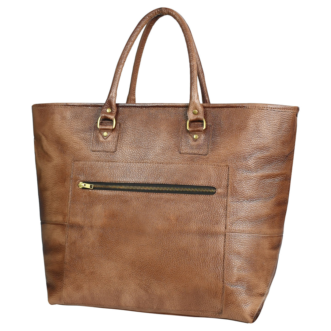 Premium Genuine Leather Women’s Tan Tote Bag with Zip Pocket