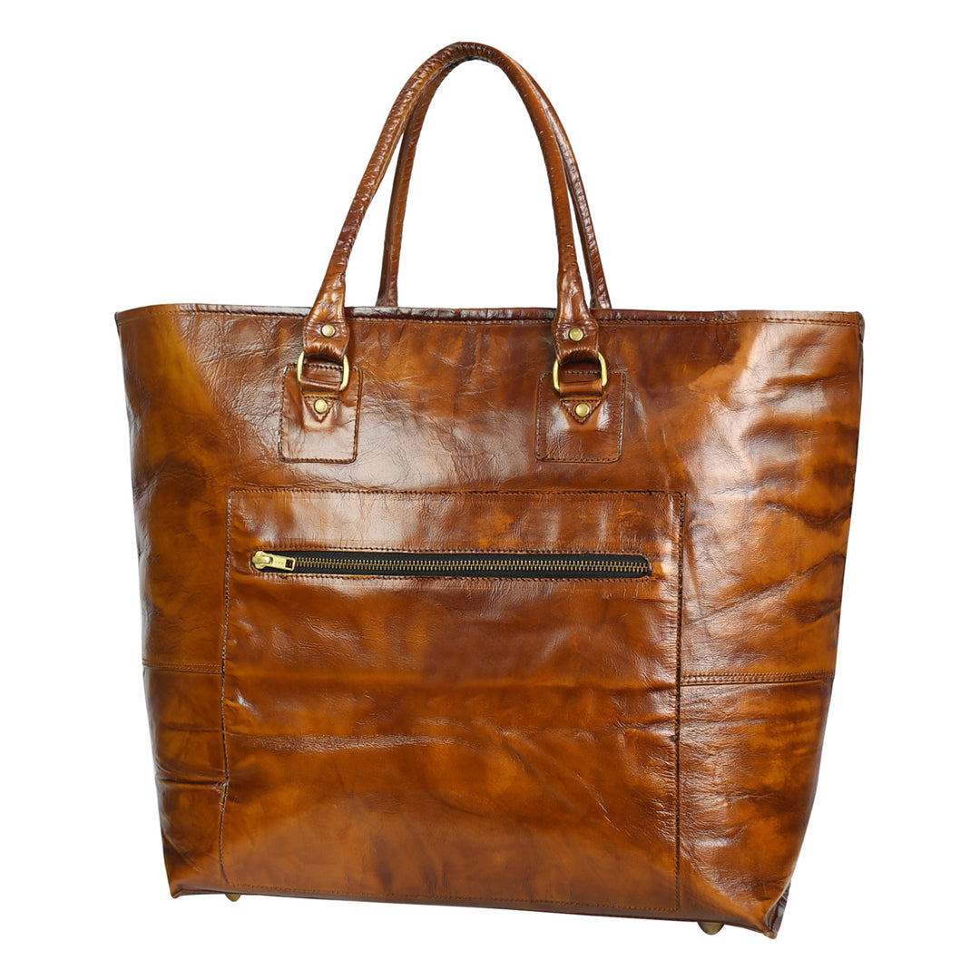 Premium Genuine Leather Women’s Tan Tote Bag with Zip Pocket