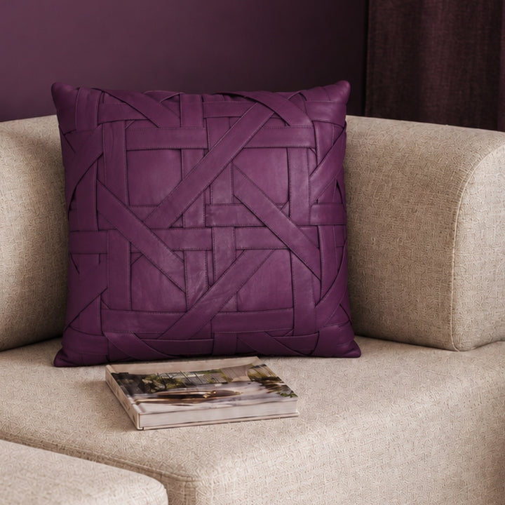 Premium Handmade Genuine Leather Cushion – Woven Pattern Purple