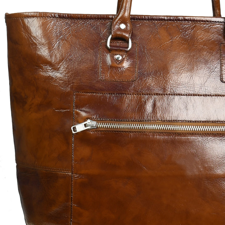 Premium Genuine Leather Women’s Tan Tote Bag with Zip Pocket
