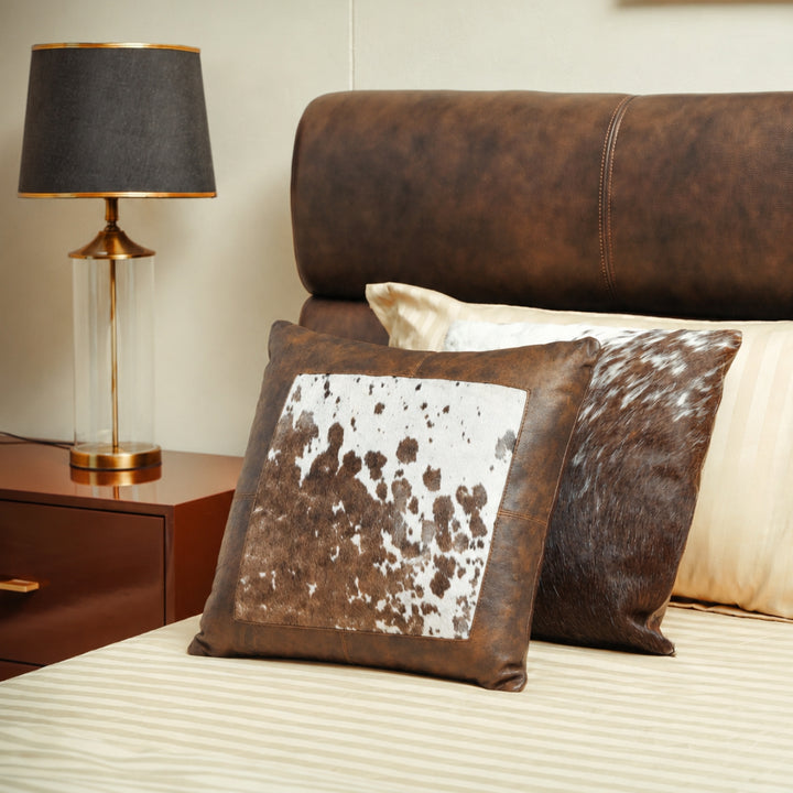 Handmade Genuine Brown Leather Cushion with Cowhide Center Panel
