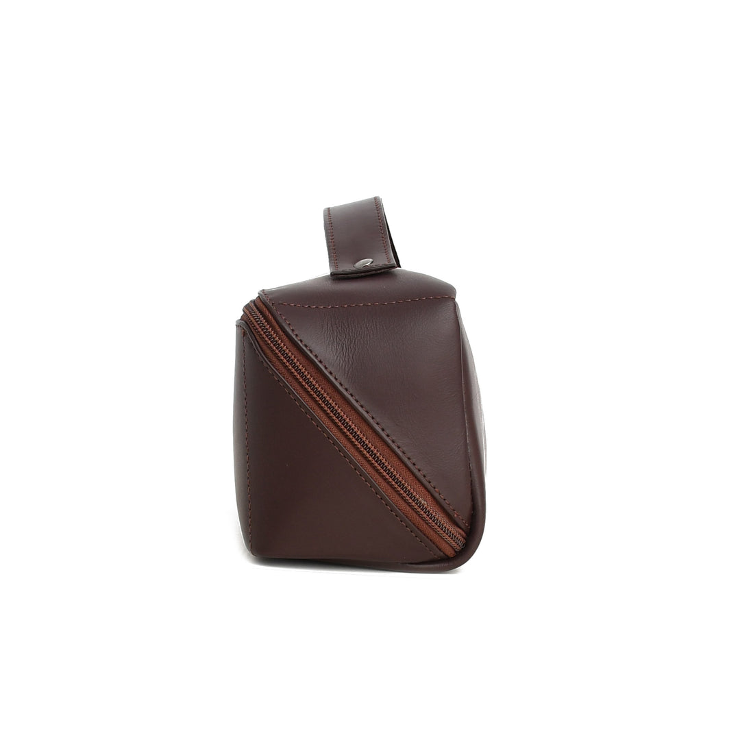 Brown leather Toiletry bag with a diagonal zipper on a white background