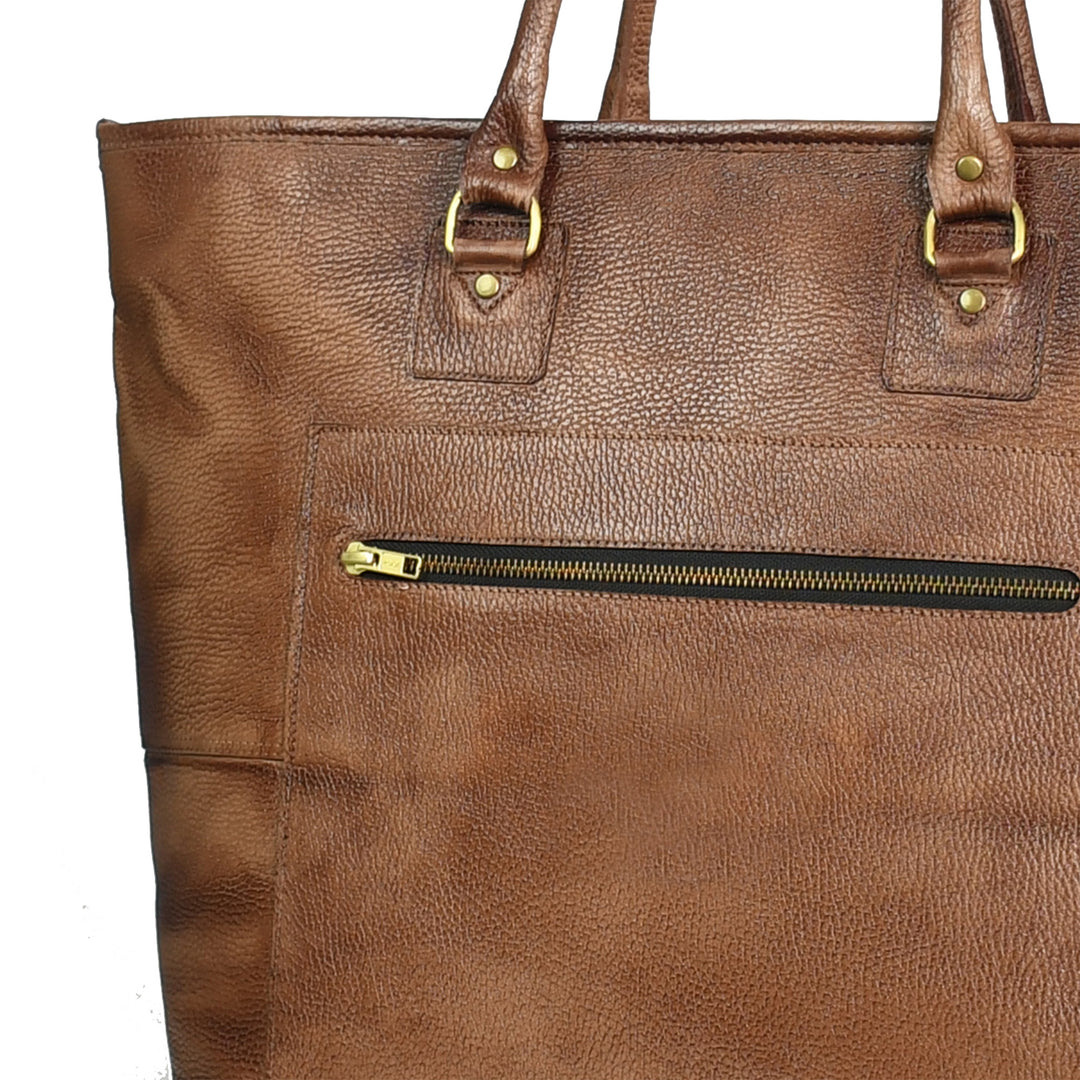 Premium Genuine Leather Women’s Tan Tote Bag with Zip Pocket
