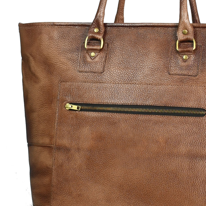 Premium Genuine Leather Women’s Tan Tote Bag with Zip Pocket