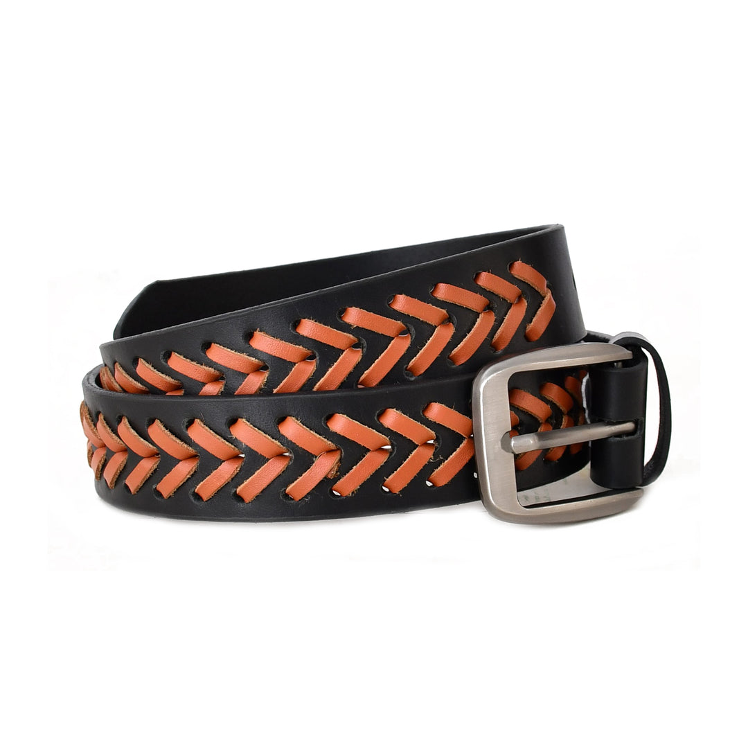 Black Double-Layer Genuine Leather Braided Belt with Tan Lacing