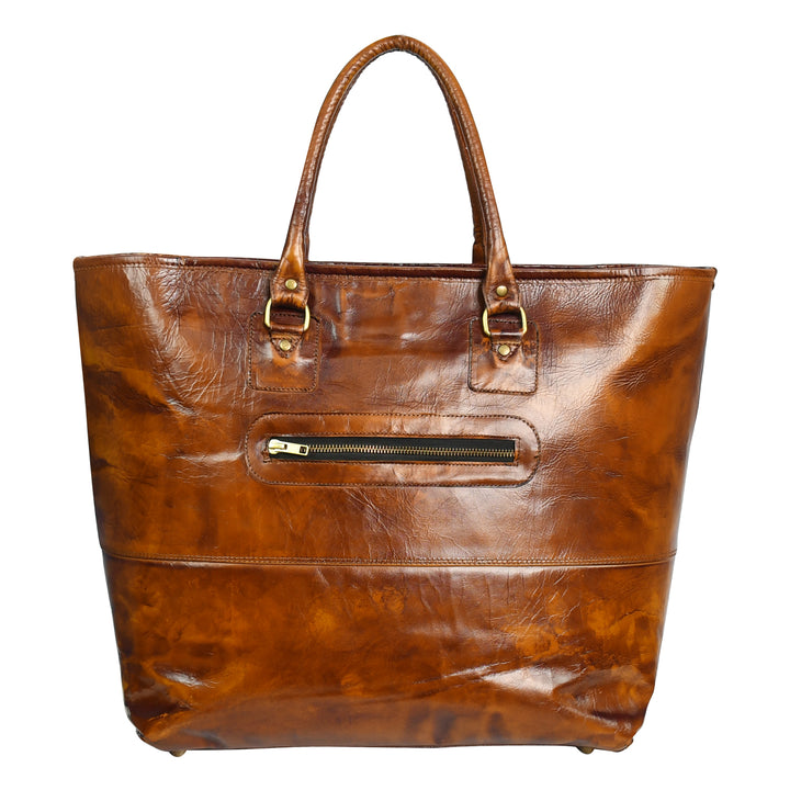 Premium Genuine Leather Women’s Tan Tote Bag with Zip Pocket