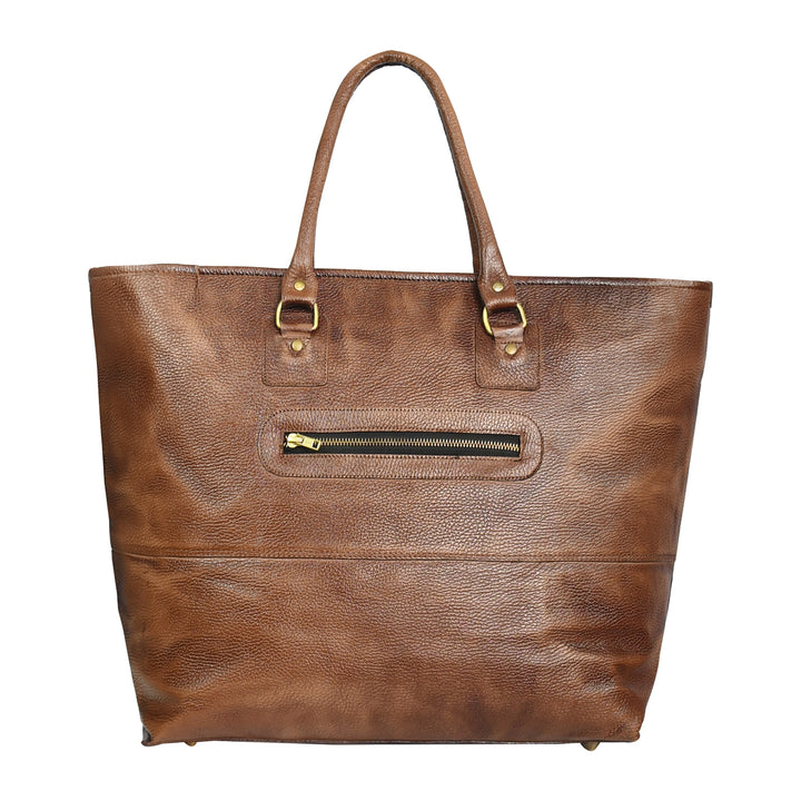 Premium Genuine Leather Women’s Tan Tote Bag with Zip Pocket