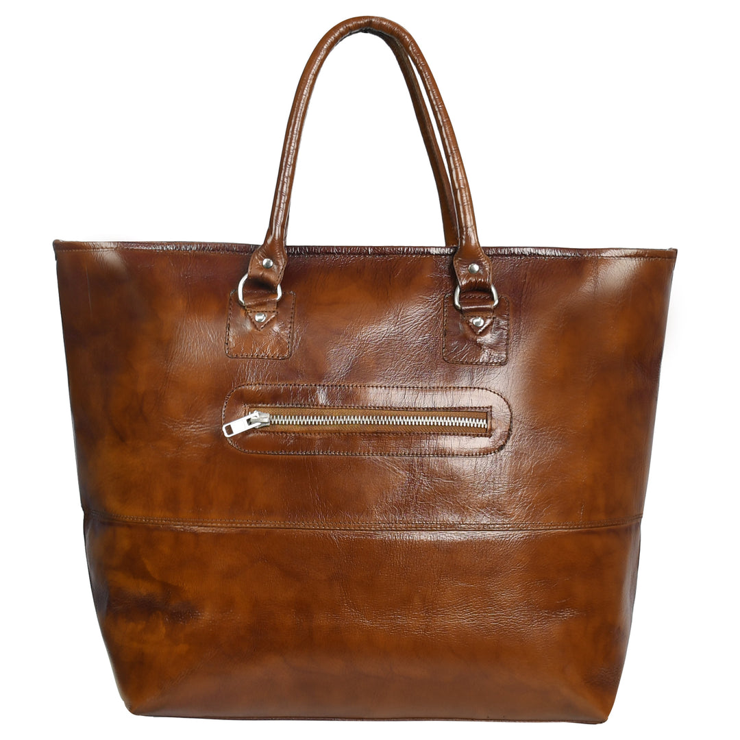 Premium Genuine Leather Women’s Tan Tote Bag with Zip Pocket