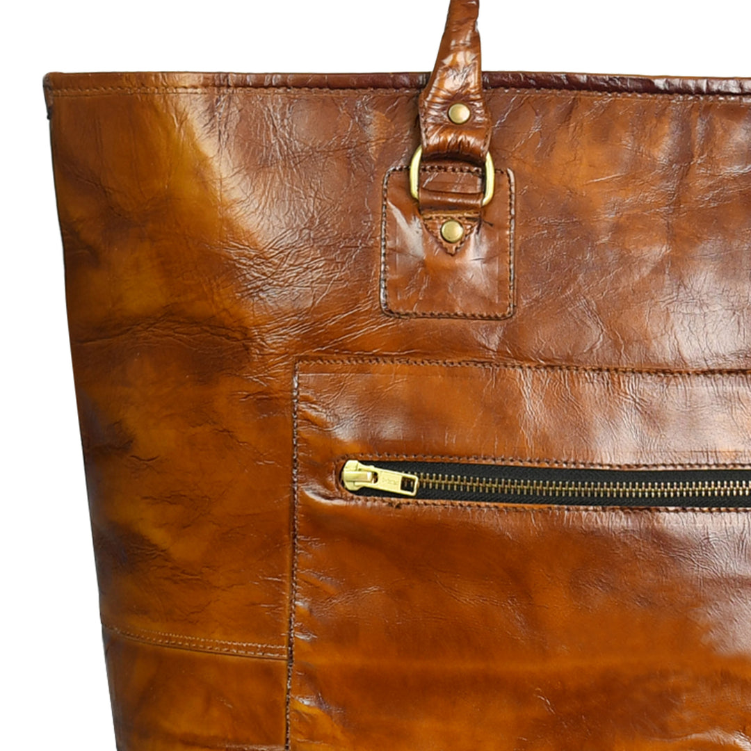 Premium Genuine Leather Women’s Tan Tote Bag with Zip Pocket
