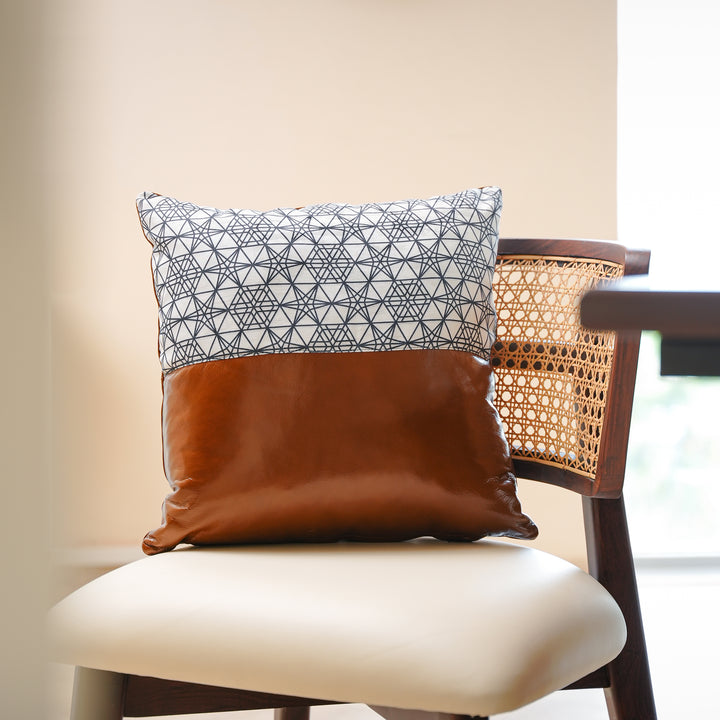Geometric Fabric & Tan Genuine Leather Cushion