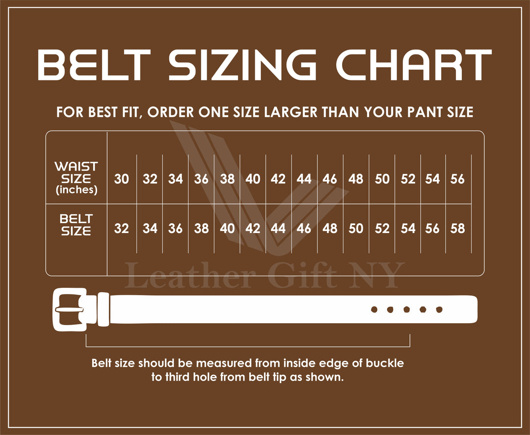 Belt sizing chart for Leather Gift NY on a brown background
