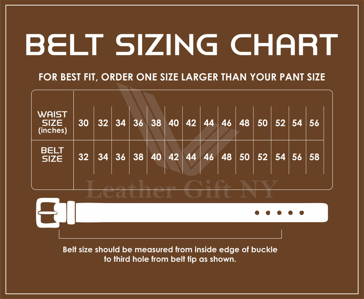 Belt sizing chart for Leather Gift NY on a brown background