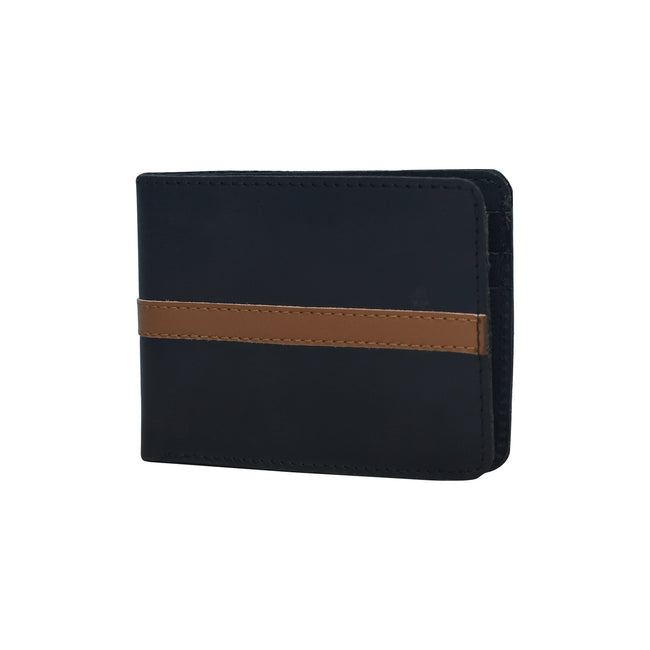 Black Handmade Genuine Leather Bifold Wallet with Tan Accent Strap