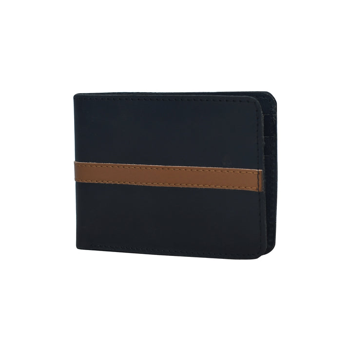Black wallet with a brown strap on a white background