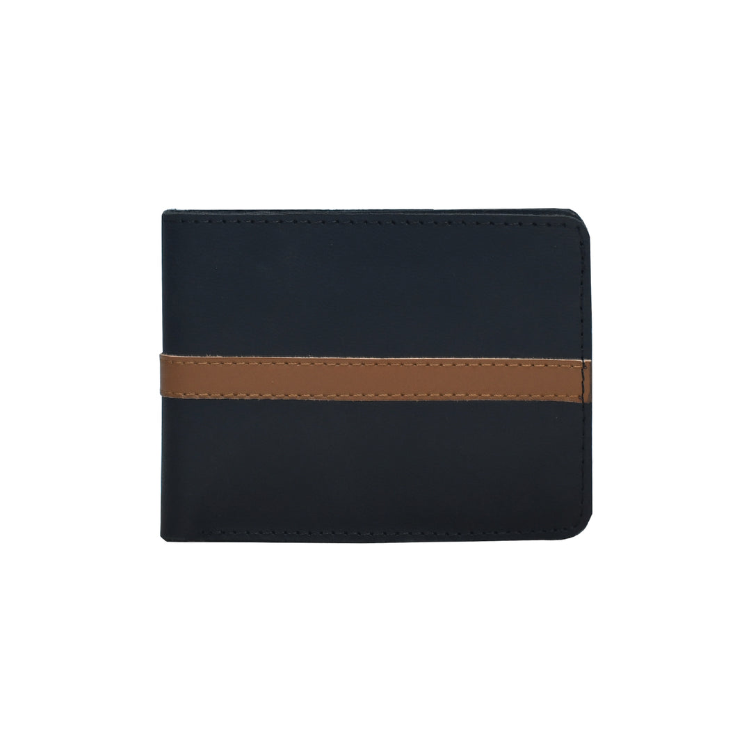 Black wallet with a brown strap on a white background