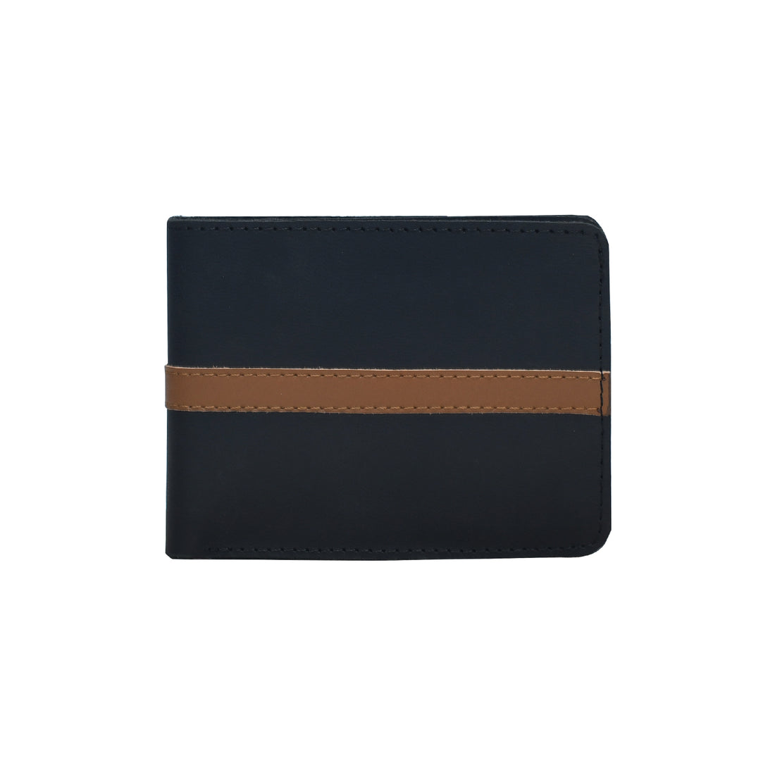 Black Handmade Genuine Leather Bifold Wallet with Tan Accent Strap