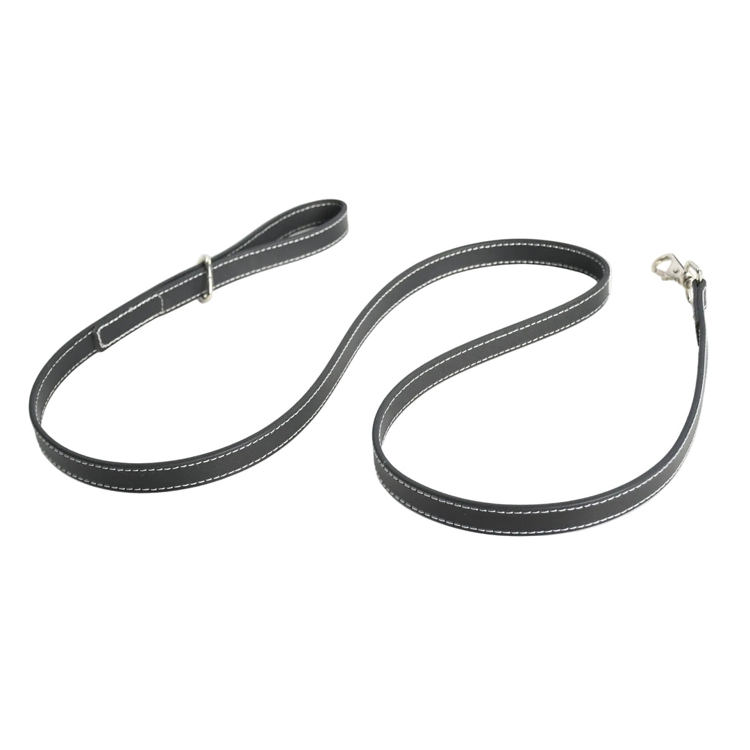 Black leather dog leash with white stitching on a white background

