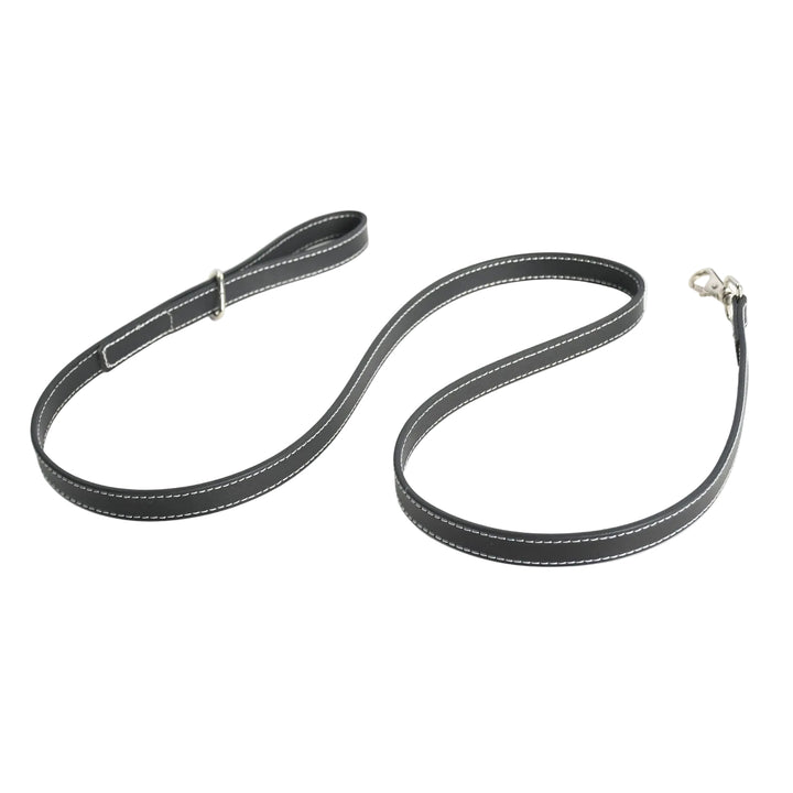 Black leather dog leash with white stitching on a white background

