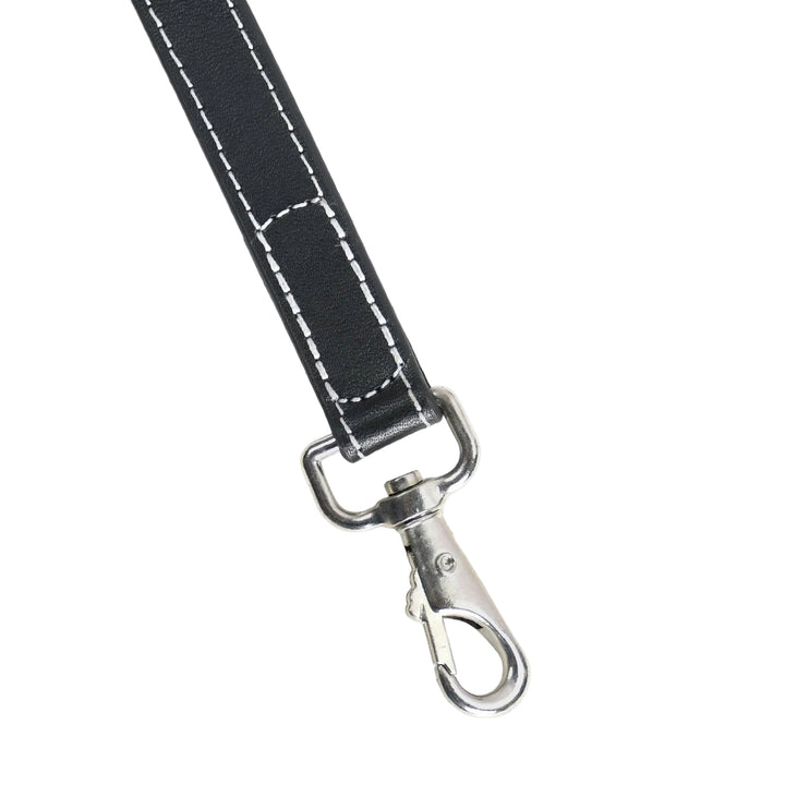 Black strap with silver clasp on a white background

