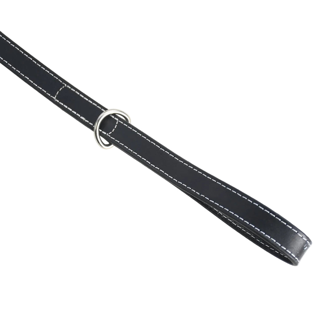 Black leather belt with a silver buckle on a white background

