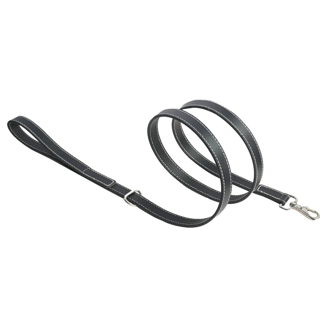 Black leather dog leash on a white background

