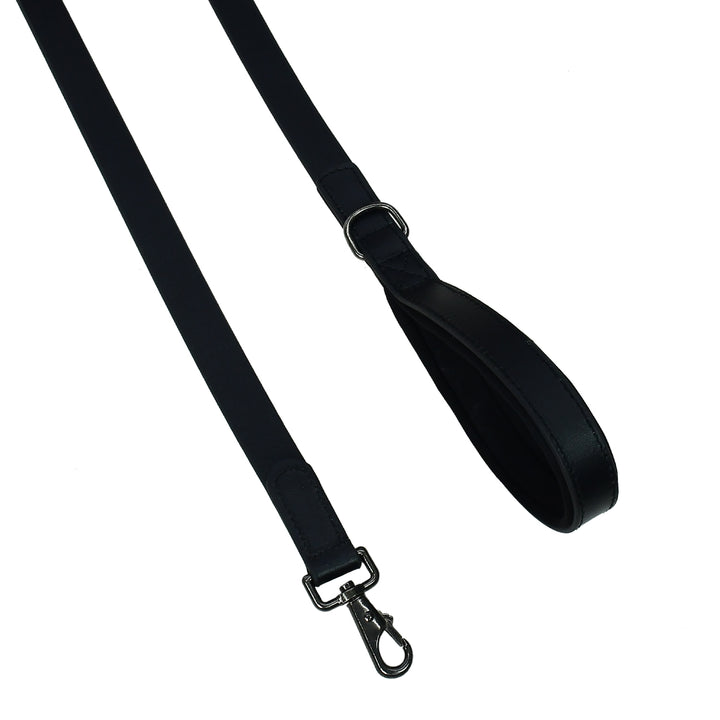 Black leather strap with metal clasp on a white background

