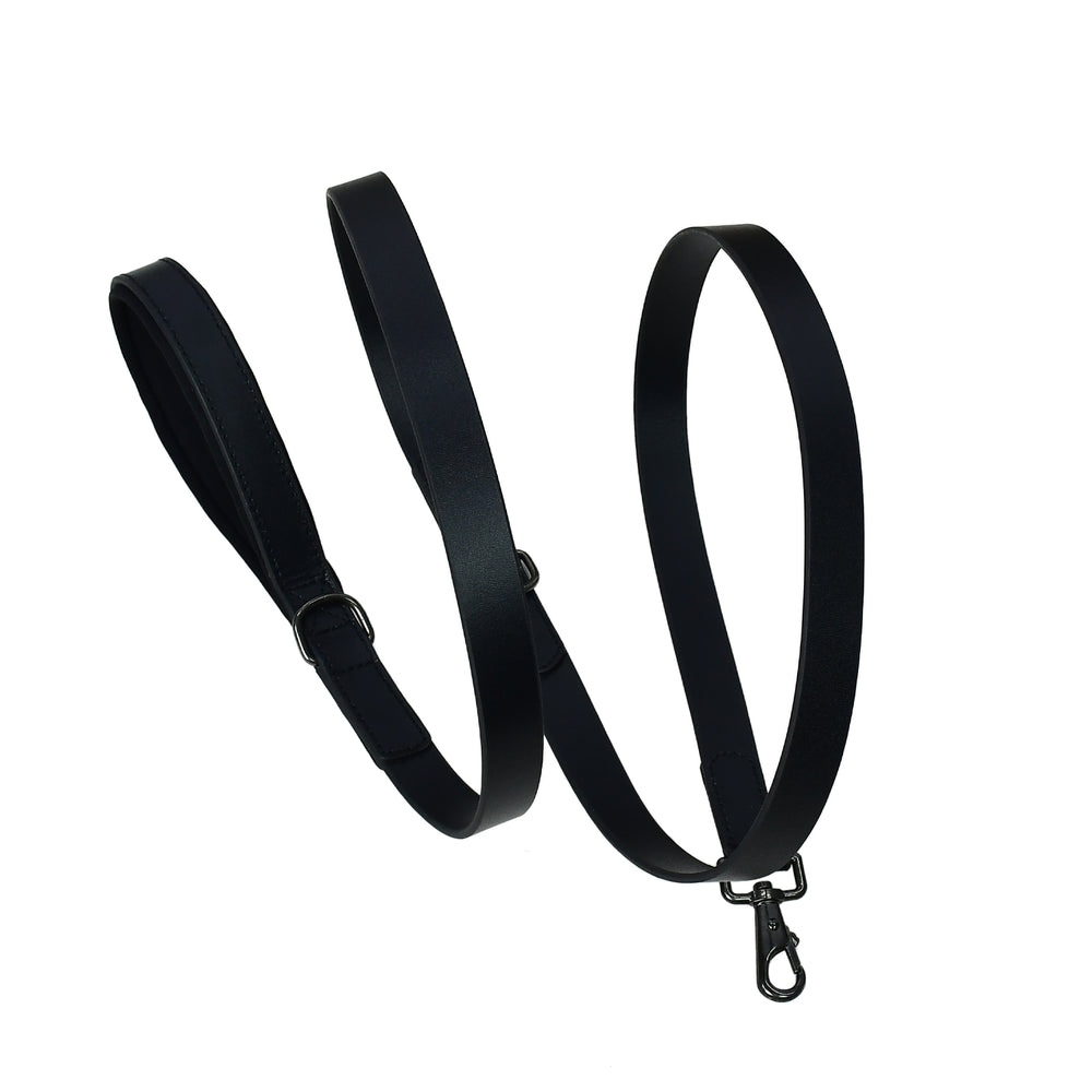 Black dog leash with a clip on a white background

