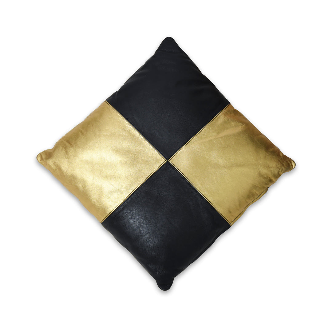 Gold and black checkered pillow on a white background

