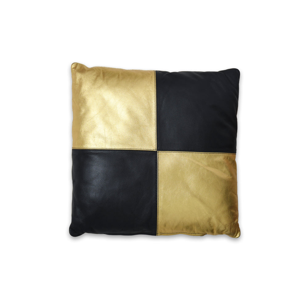 Black and gold pillow with a checkered pattern on a white background

