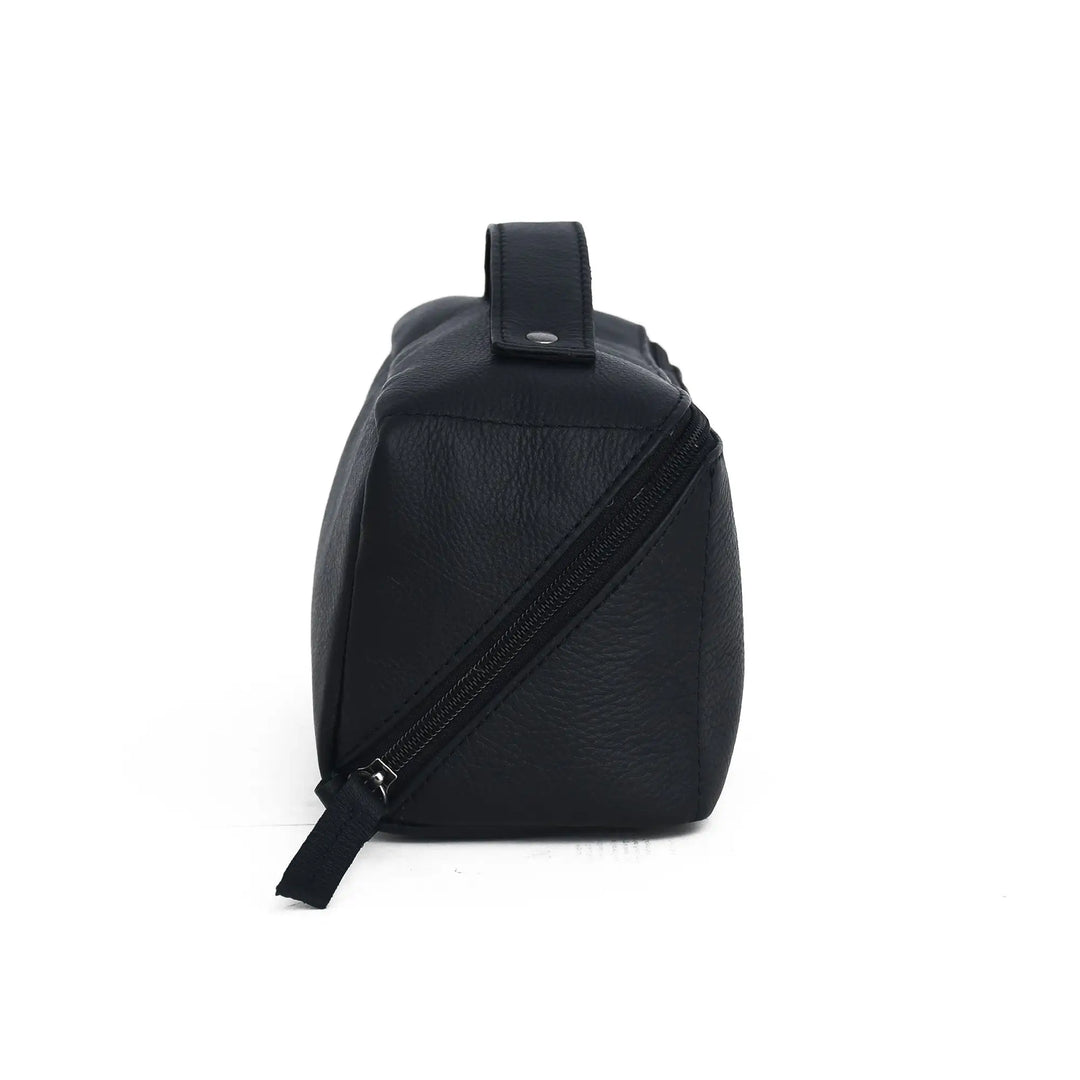 Black leather toiletry Bag on a white Background