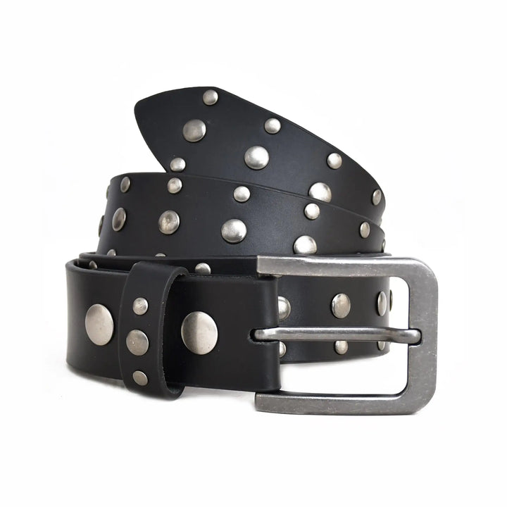 Black leather belt with silver studs and buckle on a white background