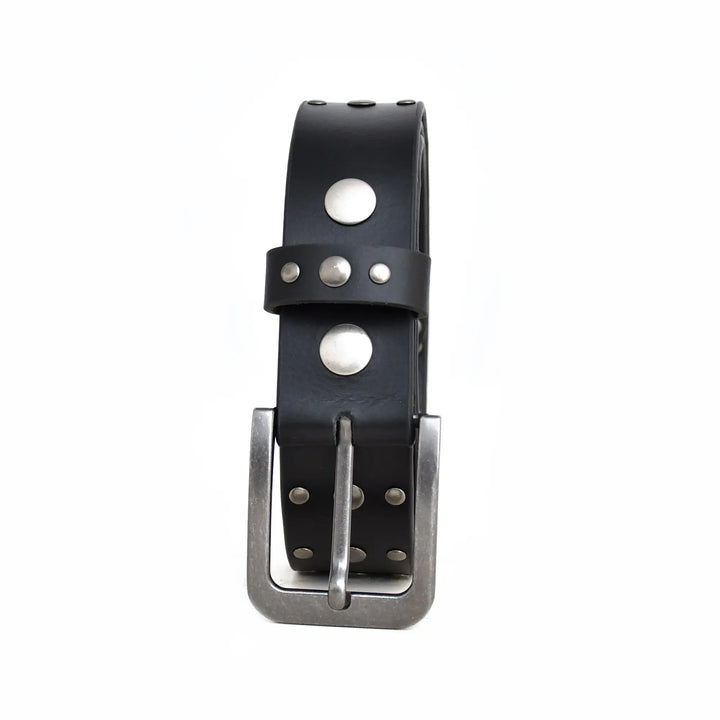 Black leather belt with silver studs and buckle on a white background