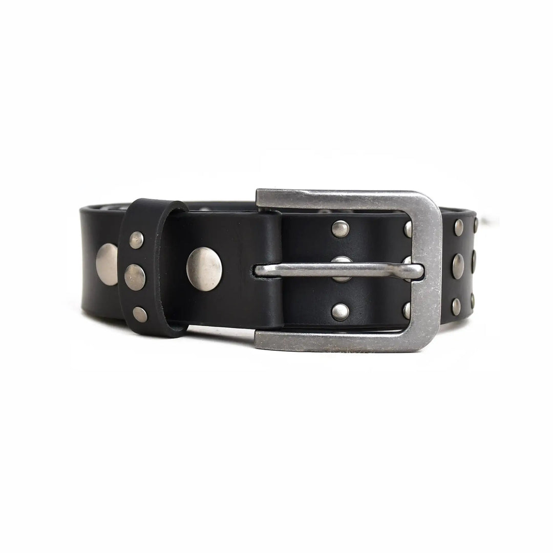 Black leather belt with silver studs and buckle on a white background