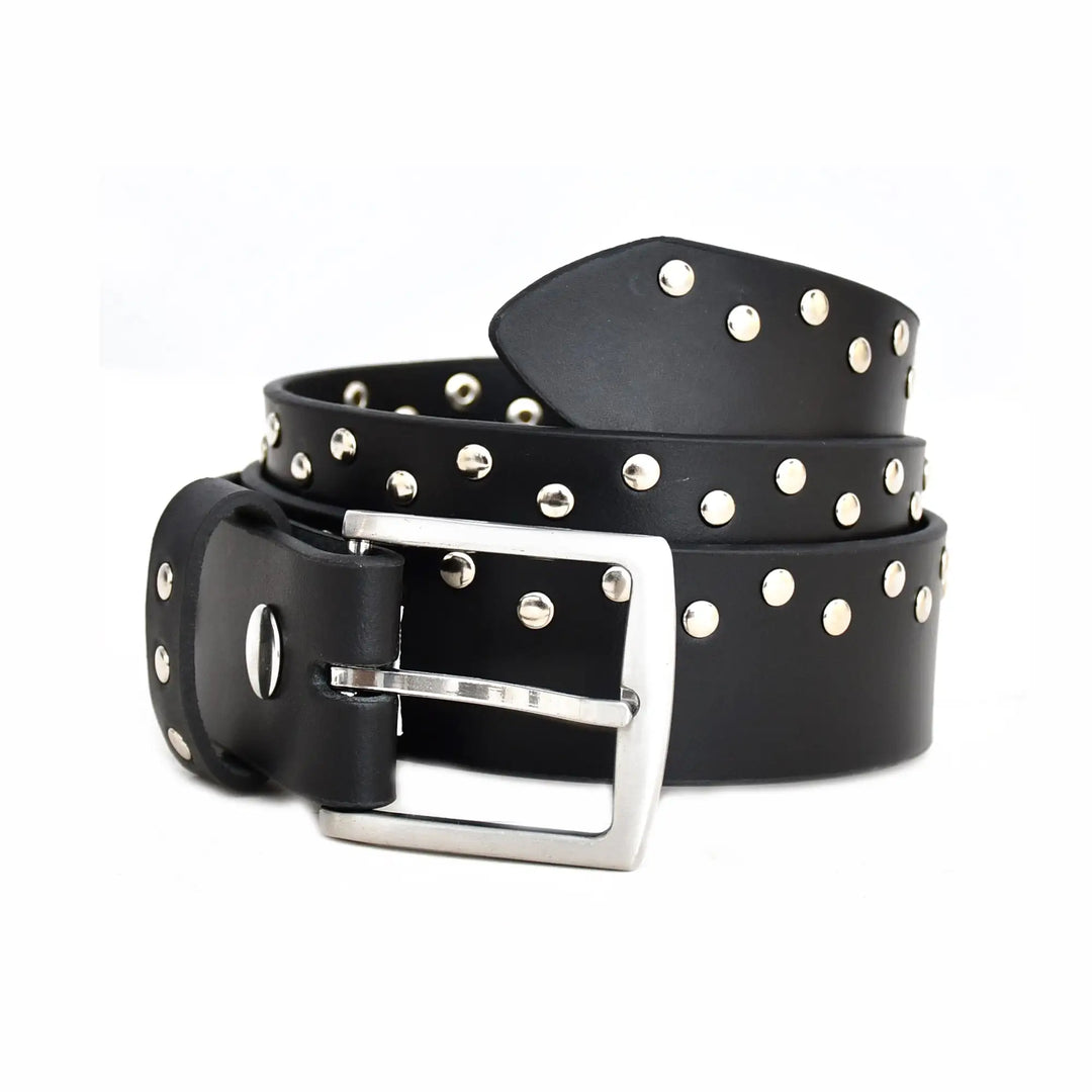 Black leather belt with silver studs and buckle on a white background