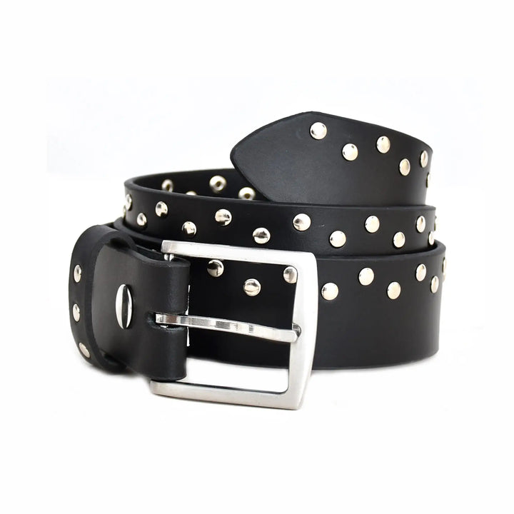 Black leather belt with silver studs and buckle on a white background