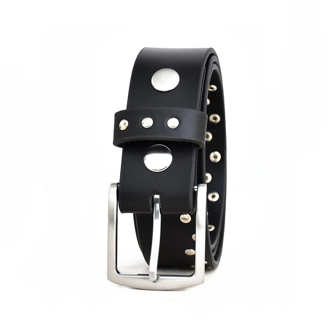 Black leather belt with silver buckle and studs on a white background