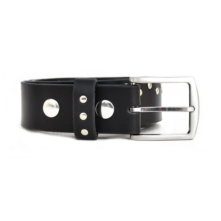Black leather belt with silver studs and buckle on a white background