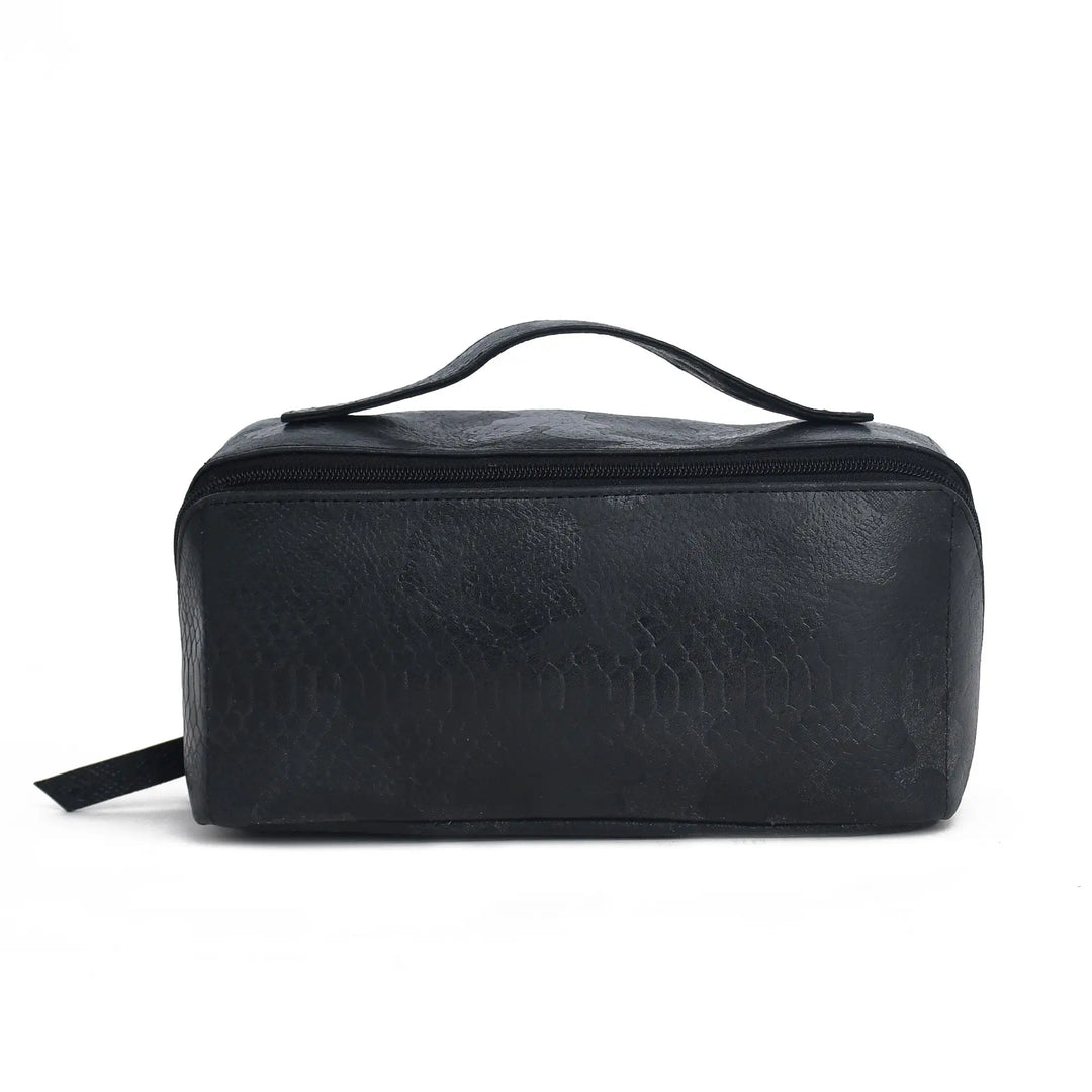Black leather toiletry bag on a white background