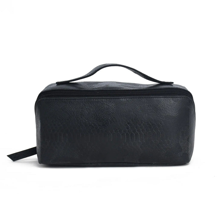 Black leather toiletry bag on a white background