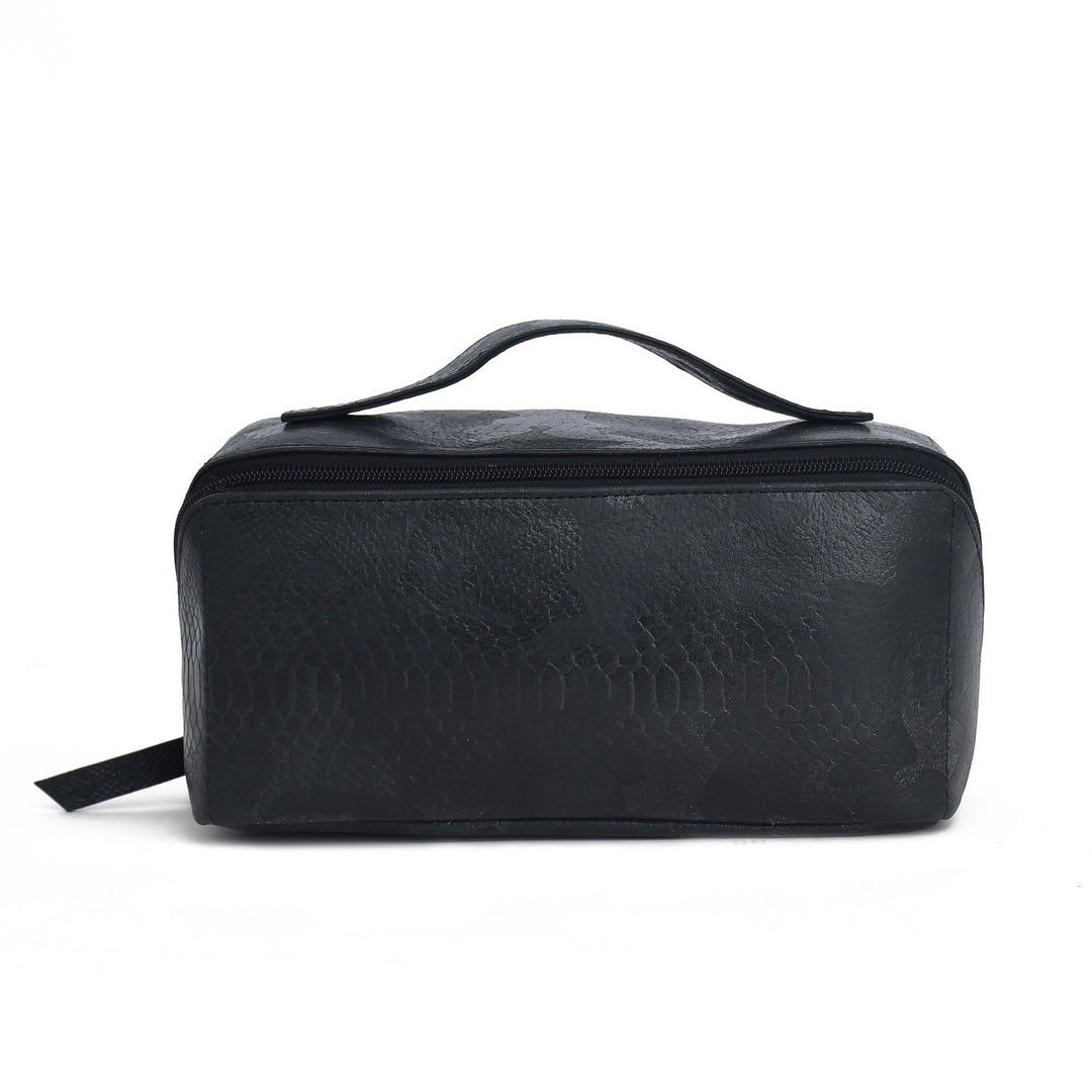 Black leather toiletry bag on a white background