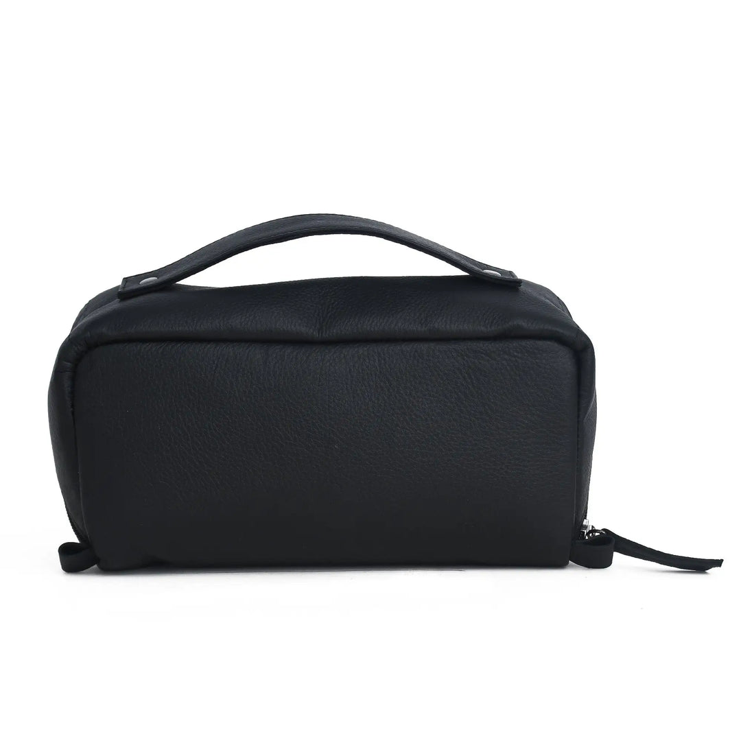 Black leather toiletry bag on a white background