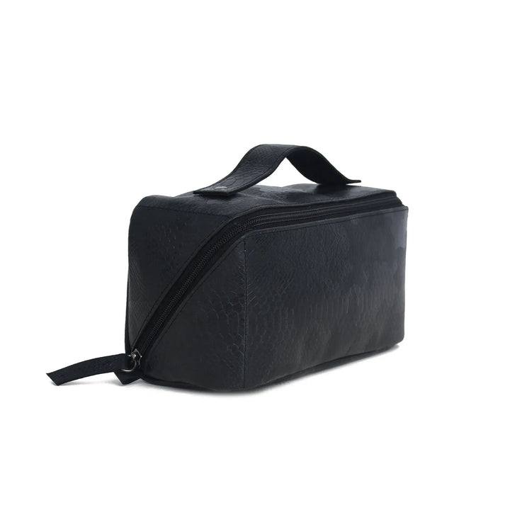 Black leather toiletry bag on a white background