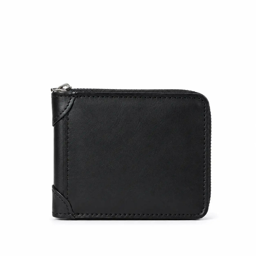 Black leather wallet with a zipper on a white background