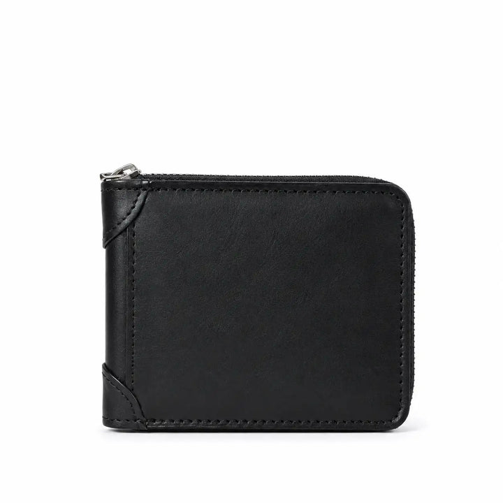 Black leather wallet with a zipper on a white background