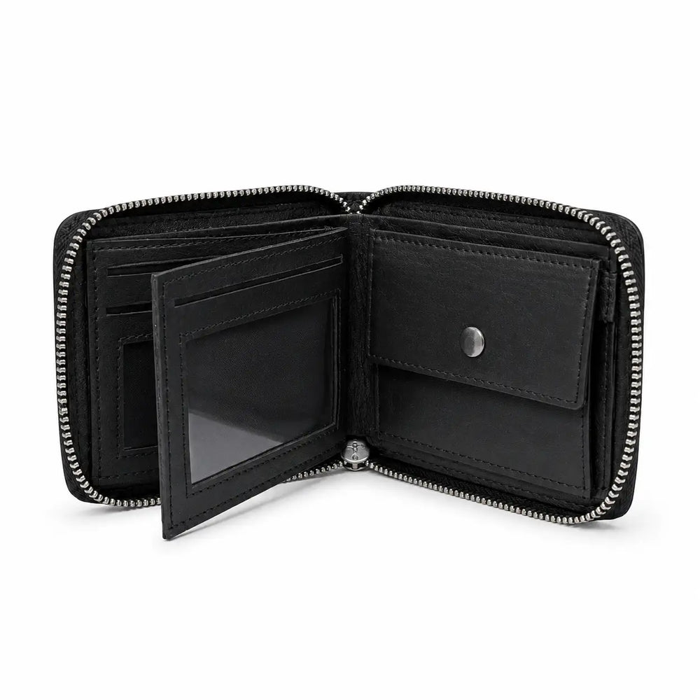 Black zippered wallet open on a white background